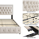 Keyluv Queen Upholstered LED Bed Frame with 4 Drawers, Velvet Platform Storage Bed with Adjustable Button Tufted Headboard and Solid Wooden Slats Support, No Box Spring Needed, Beige Keyluv