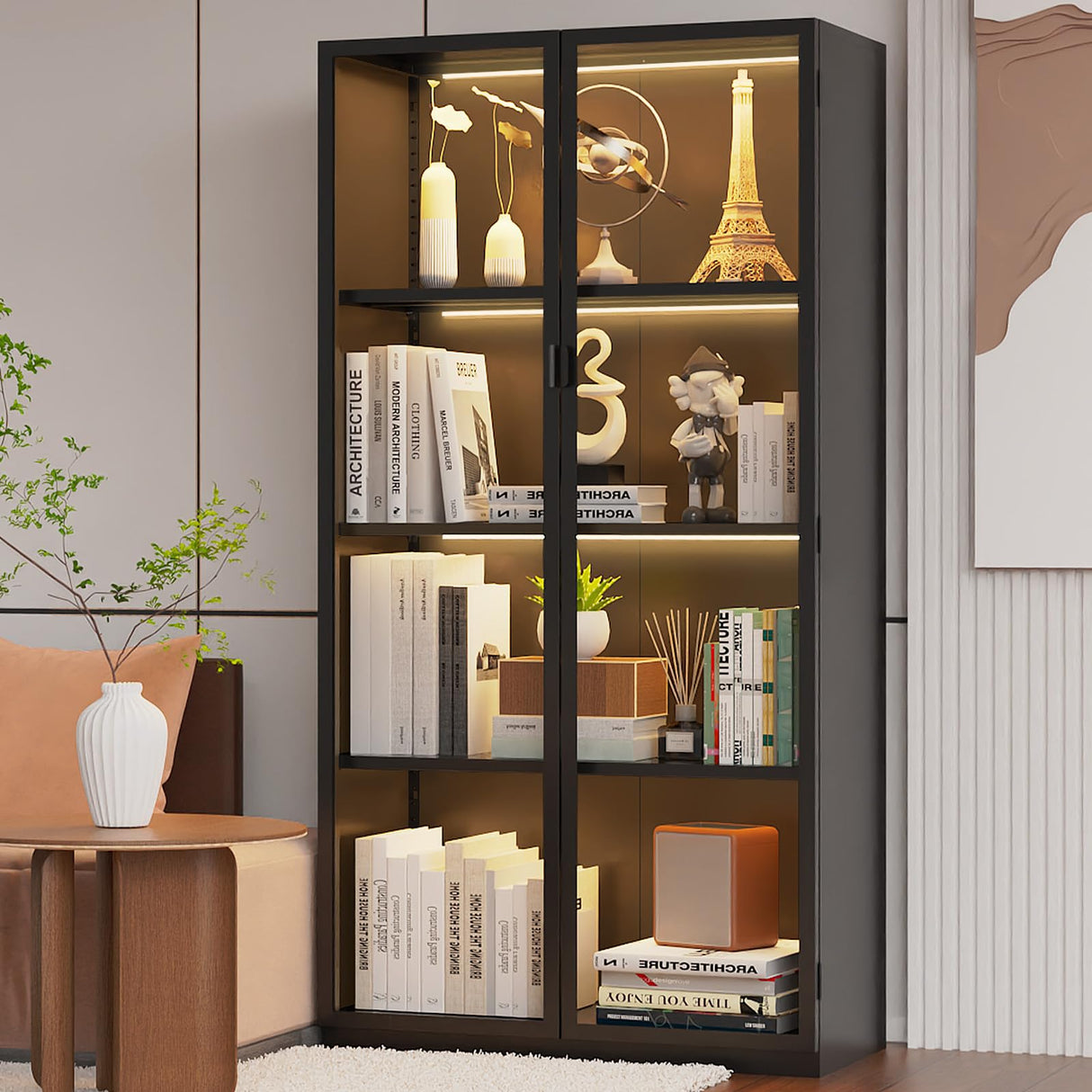 Kelueo Display Cabinet with Glass Doors,Tall Glass Display Cabinet with LED Lights,Display Cabinets for Collectibles with 3 Adjustable Shelves for Living Room,Bedroom,Office Assemble Required Kelueo