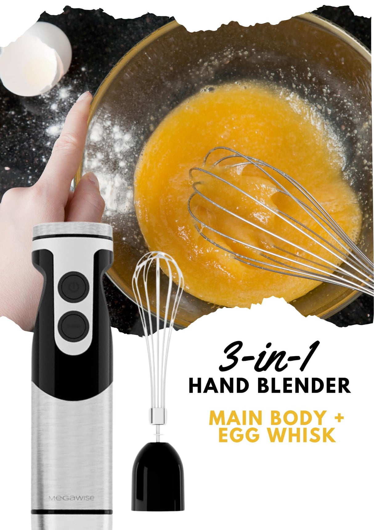 MegaWise Stainless Steel Titanium Reinforced 3-in-1 Immersion Hand Blender, Powerful with 80% Sharper Blades, 12-Speed Corded Blender, Including Whisk and Milk Frother (3-in 1 Black) MEGAWISE