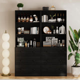 TUSY 4-Piece Large TV Stand with Bookshelves for TVs up to 75", TV Entertainment Center Media Center with Tempered Glass Doors and Shelves, TV Hutch for Living Room White (Black) TUSY