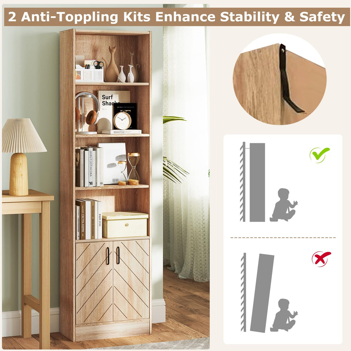 Giantex 6-Tier Bookshelf with Double Doors, 71" Tall Bookcase w/ 4 Open Cubes & 3 Adjustable Shelves, Mid Century Display Cabinet, Modern Floor Storage Organizer for Living Room, Study, Oak (1) Giantex