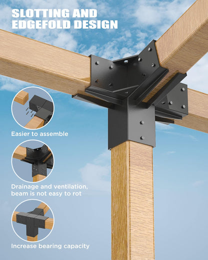 YINGDIKE Pergola Brackets Kit - Wall Mount 15 Degree Slanted Roof Kit with Post Base, Gazebo Brackets with Slotting Design for 4x4 Lumber for Outdoor Decks and Backyard (15° 3-Way & Base (6 P - WoodArtSupply