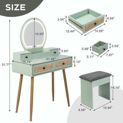 Yechen 30" Vintage Makeup Vanity Table Set with 2 Natural Rattan Drawers, Boho Makeup Vanity with 3 Modes Adjustable Lighted Mirror and Stool, Compact Dressing Table with Steel Legs for Small Space