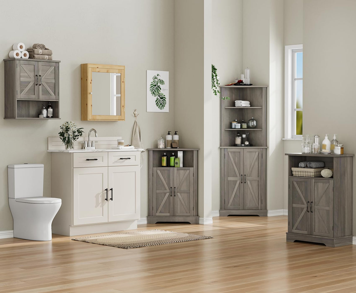 Mino Kesper Bathroom Wall Cabinet with Barn Doors, Wall Mounted Bathroom Storage Cabinet, Farmhouse Style, Adjustable Shelf, Wall Mounted, Grey Mino Kesper