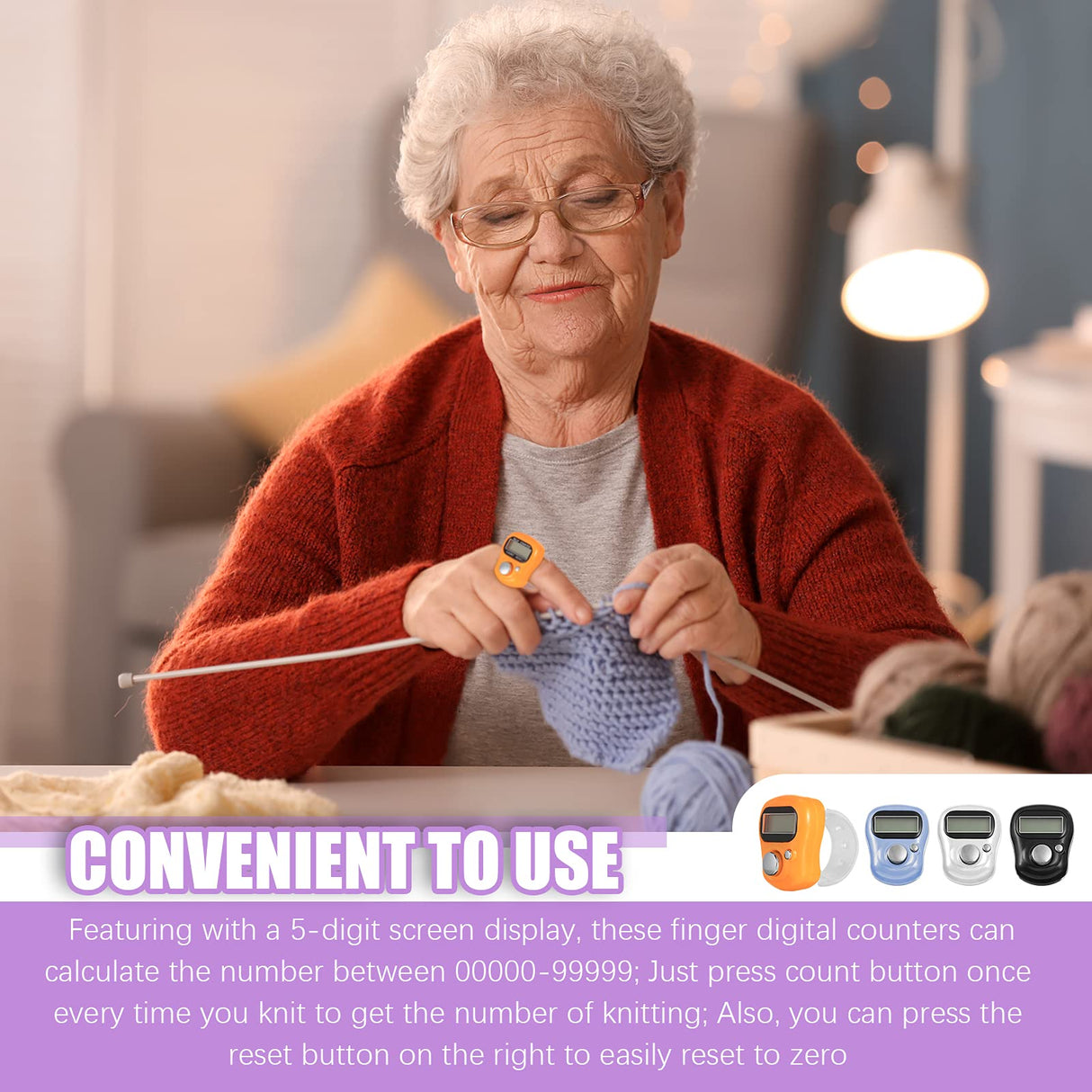 Kingdder 4 Pcs Stitch Counters LCD Finger Digital Row Counter with 100 Pcs Crochet Stitch Marker for Crocheting and Knitting Sewing Weaving, Resettable Finger Counter for Crochet, Knitting, Score, Lap Kingdder