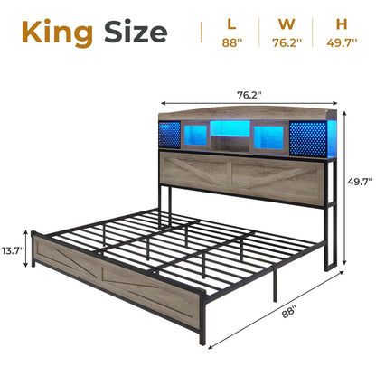 HAUOMS Rustic Oak King Size Bed Frame with LED Lights, Storage Headboard, and Charging Station - WoodArtSupply