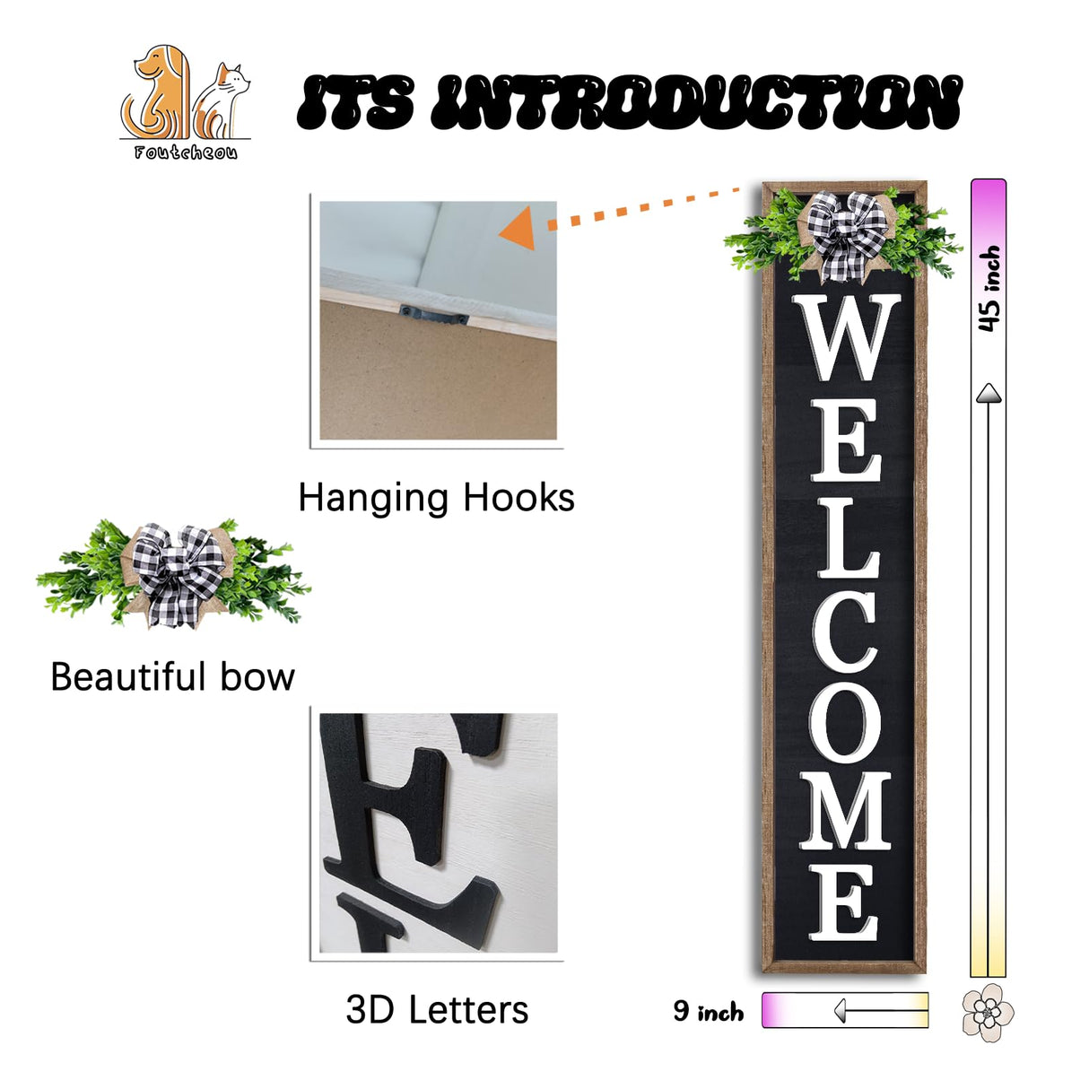 3D Outdoor Welcome Sign for Front Porch Standing 45"X9" Large Rustic Farmhouse Leaner Tall Vertical Soild Wooden Framed Plaque Modren Beautiful Outside Home Front Door Decorations (Wood Black) Foutcheou