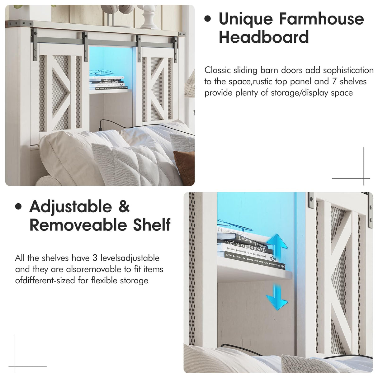 Fameill Farmhouse Twin Size Bed Frame with Storage Headboard, Sliding Barn Door Design, 2-Tier Shelves Bookcase Storage, Charging Ports & USB Outlets, LED Light, No Box Spring Needed, Easy Assembly Fameill