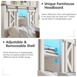 Fameill Farmhouse Twin Size Bed Frame with Storage Headboard, Sliding Barn Door Design, 2-Tier Shelves Bookcase Storage, Charging Ports & USB Outlets, LED Light, No Box Spring Needed, Easy Assembly Fameill