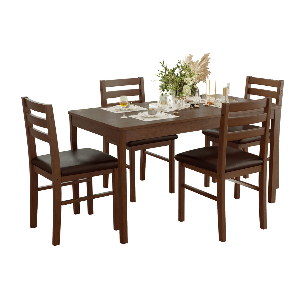 Orweiin 5-Piece Solid Wood Indoor Modern Rectangular Dining Table Set for 4,Table and 4 Chairs Set with PU Leather Cushion for Kitchen,Bar,Living Room,Breakfast Nook,Brown Orweiin