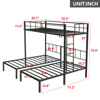 TURRIDU Metal Triple Bunk Bed for 3, Twin Over Twin Over Twin Bunk Beds with Built-in Ladders, Separates into 3 Twin Beds for Teens, Adults, No Box Spring Needed, Black