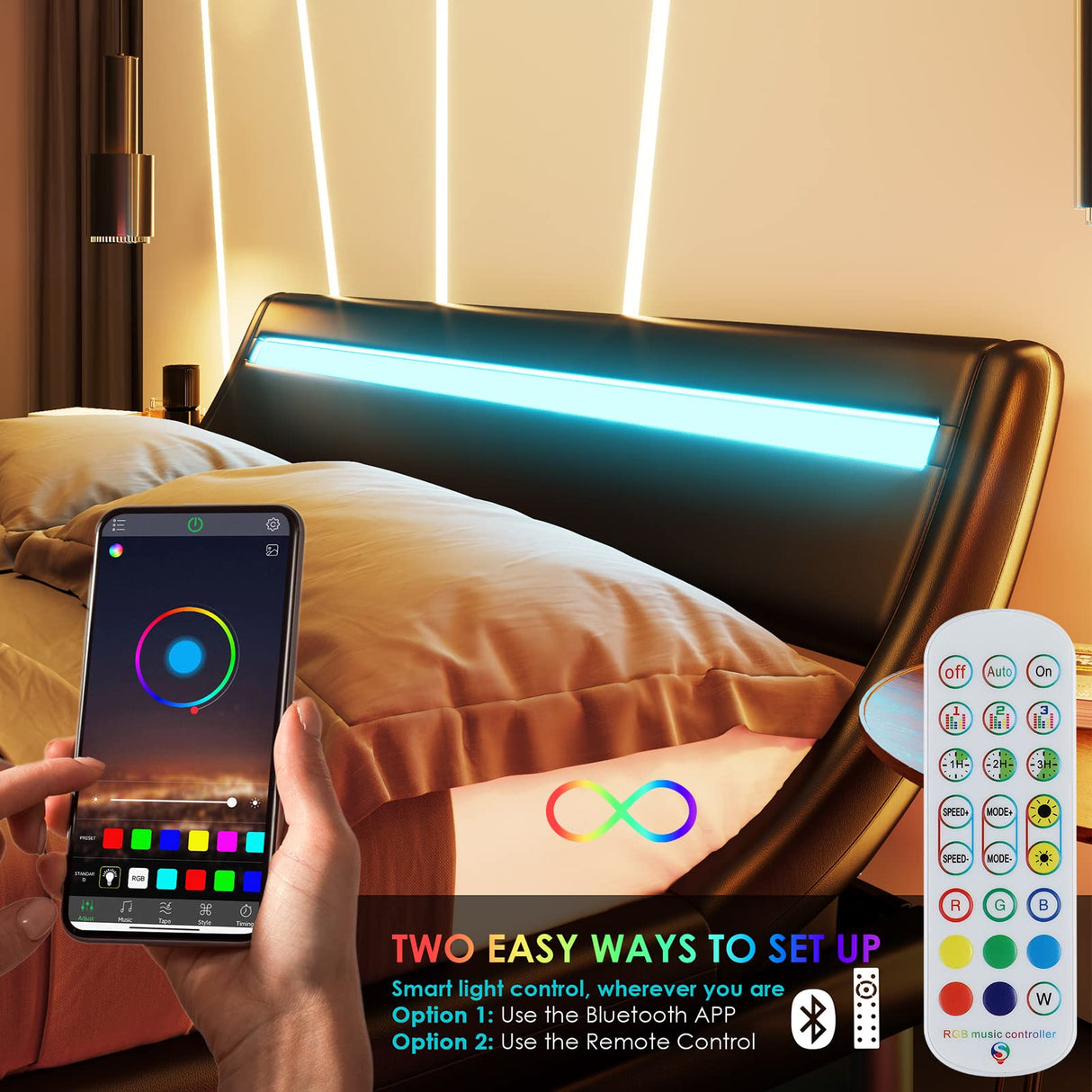 Keyluv Upholstered Queen LED Bed Frame with Headboard, Modern Low Profile Platform Bed with Strong Slats Support, Faux Leather Wave-Like Bed Frame, Easy Assembly, No Box Spring Needed, Black Keyluv