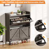 Derfullo Shoe Cabinet with 2 Flip Drawers,Shoe Storage Cabinet for Entryway,Freestanding Shoe Cabinet Organizer with Open Storage, Narrow Farmhouse Shoe Rack with Legs, Washed Gray Derfullo
