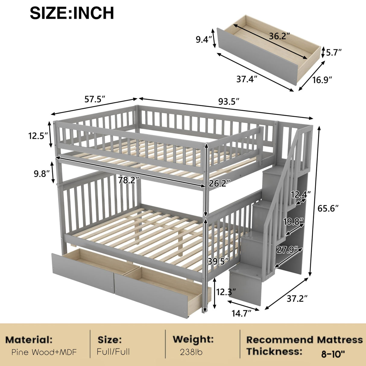 Full Over Full Bunk Beds with Drawers and Stairs Stairway Bunk Bed Frame with Storage Shelves for Kids Teens Adult, Wood Full Bunk Bed for Boys Girls Adults, Gray Bellemave