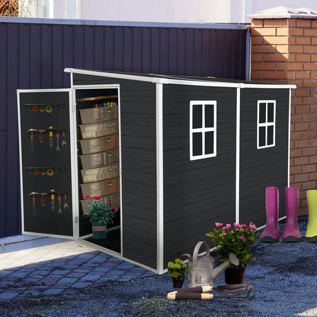 LANTRO JS Outdoor Storage Shed with Floor Included, 4x8FT Plastic Storage Shed with Floor with 2 Windows and Lockable Door, Backyard Storage Sheds for Garden Tools, Bike LANTRO JS