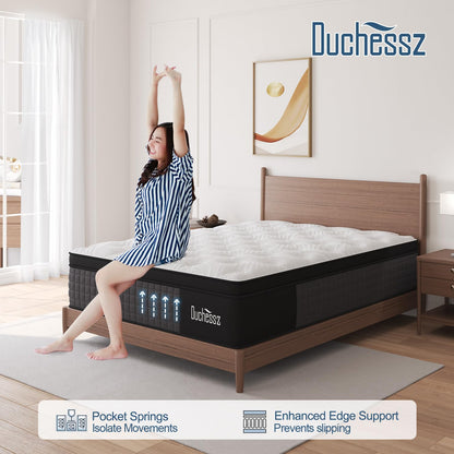 Duchessz Queen Mattress, 14 Inch Hybrid Mattress Eurotop with Gel Memory Foam,Motion Isolation Individually Wrapped Pocket Coils Mattress,Breathable Comfort Soft Mattress Pressure Relief