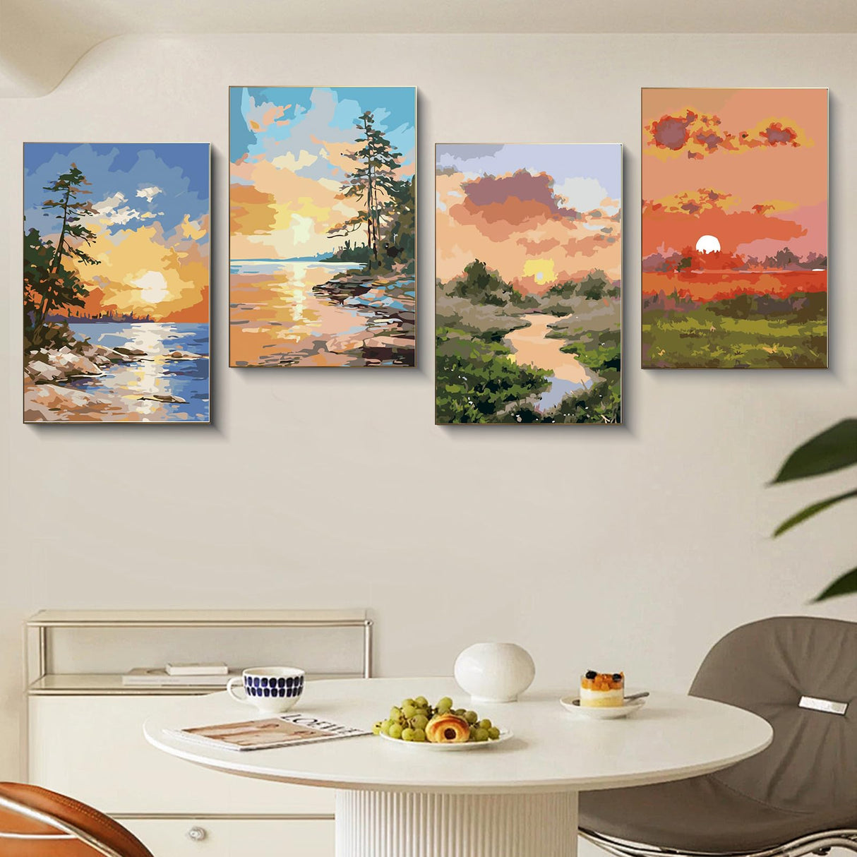 4 Pack Framed Paint by Numbers Kit for Adults Beginners with Wooden Easel, DIY Sunrise and Sunset Landscape Paint by Number Kit with Frame, Easy Painting by Numbers for Home Wall Decor, 8x12 inch Fountor