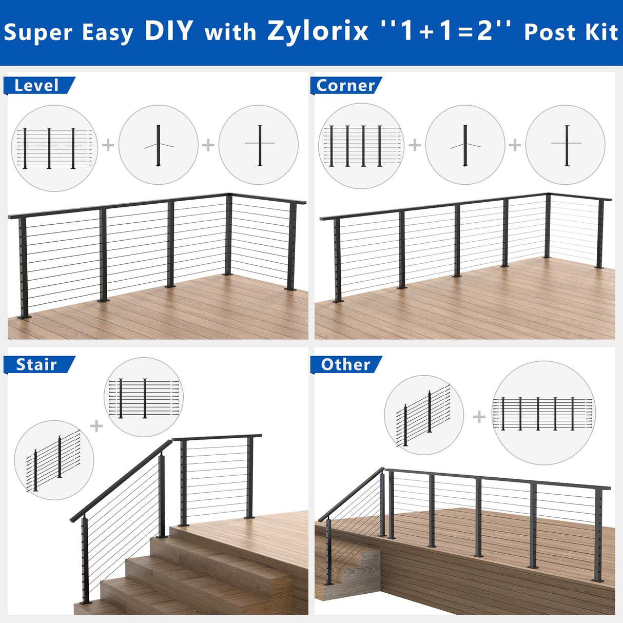 Zylorix 36" One-Stop Black Cable Railing Posts Kit(Super Easy DIY), Include 4Pack Stair Posts for 25-35°Stairway, 177ft Wire Rope, Complete Cable Railing System DIY Kit with Cutter(No Handrail) Zylorix
