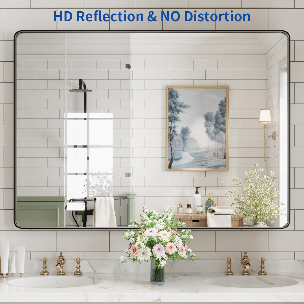 WEER Black Bathroom Mirror for Wall, 50X36 Inch Matte Black Mirror, Rectangular Black Metal Framed Vanity Mirror with Tempered Glass, Rounded Corner, Anti-Rust (Horizontal/Vertical) WEER