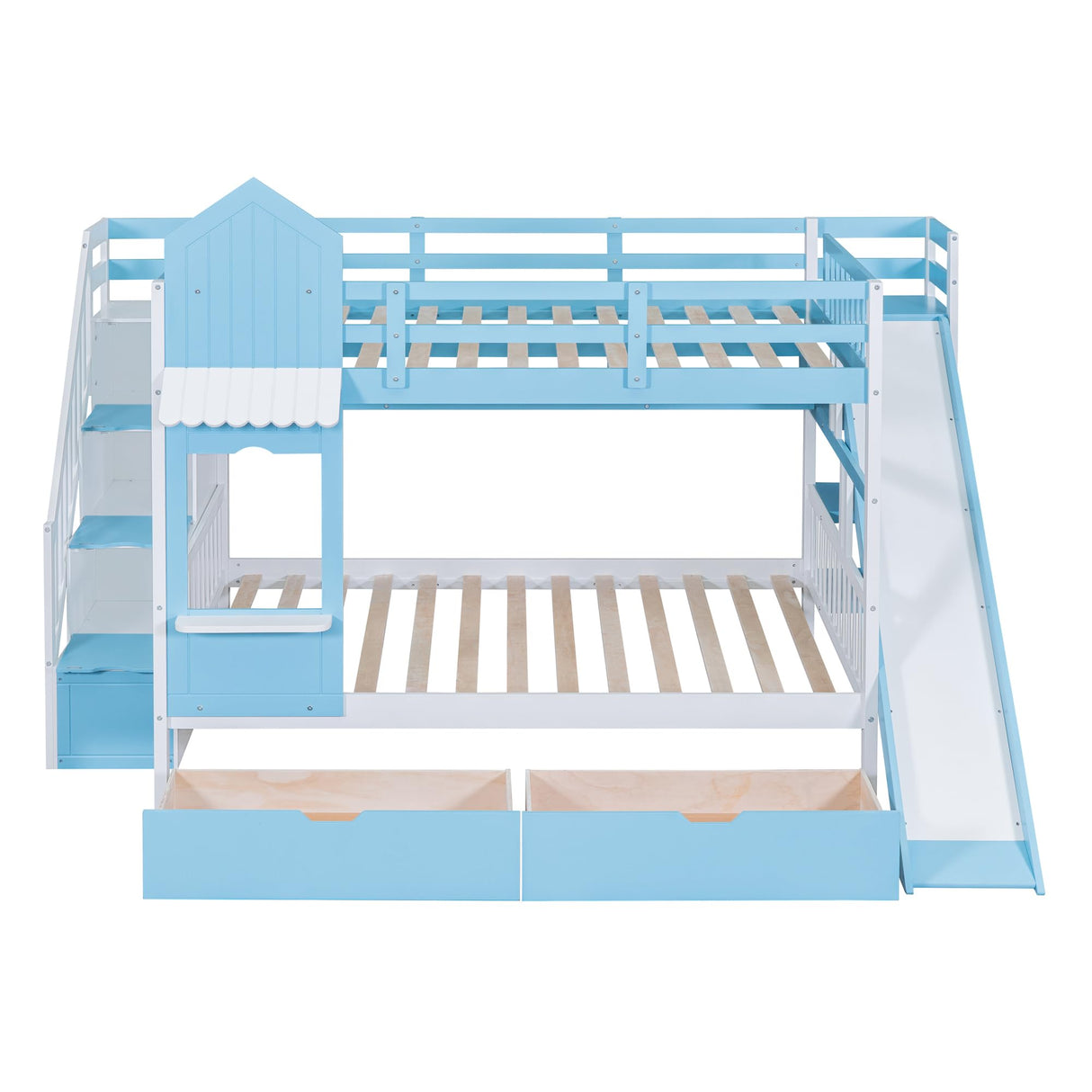 Harper & Bright Designs Full Over Full Bunk Bed with Slide and Stairs, Castle Style Bunk Beds with Storage Drawers and Shelves, Wooden Loft Bunk Bed Frame for Kids, Teens, Boys & Girls (Blue) Harper & Bright Designs