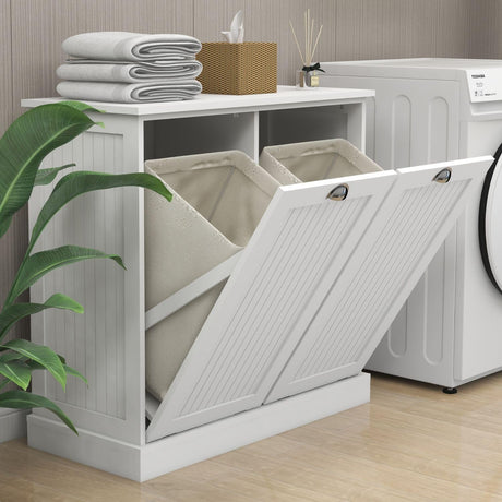 AOCOROE Tilt-Out Laundry Sorter Cabinet, Hamper Cabinets with 2 Large 12 Gal (48 L) Sorting Basket, Laundry Basket Organizer Cabinet for Bathroom, Balcony, White AOCOROE