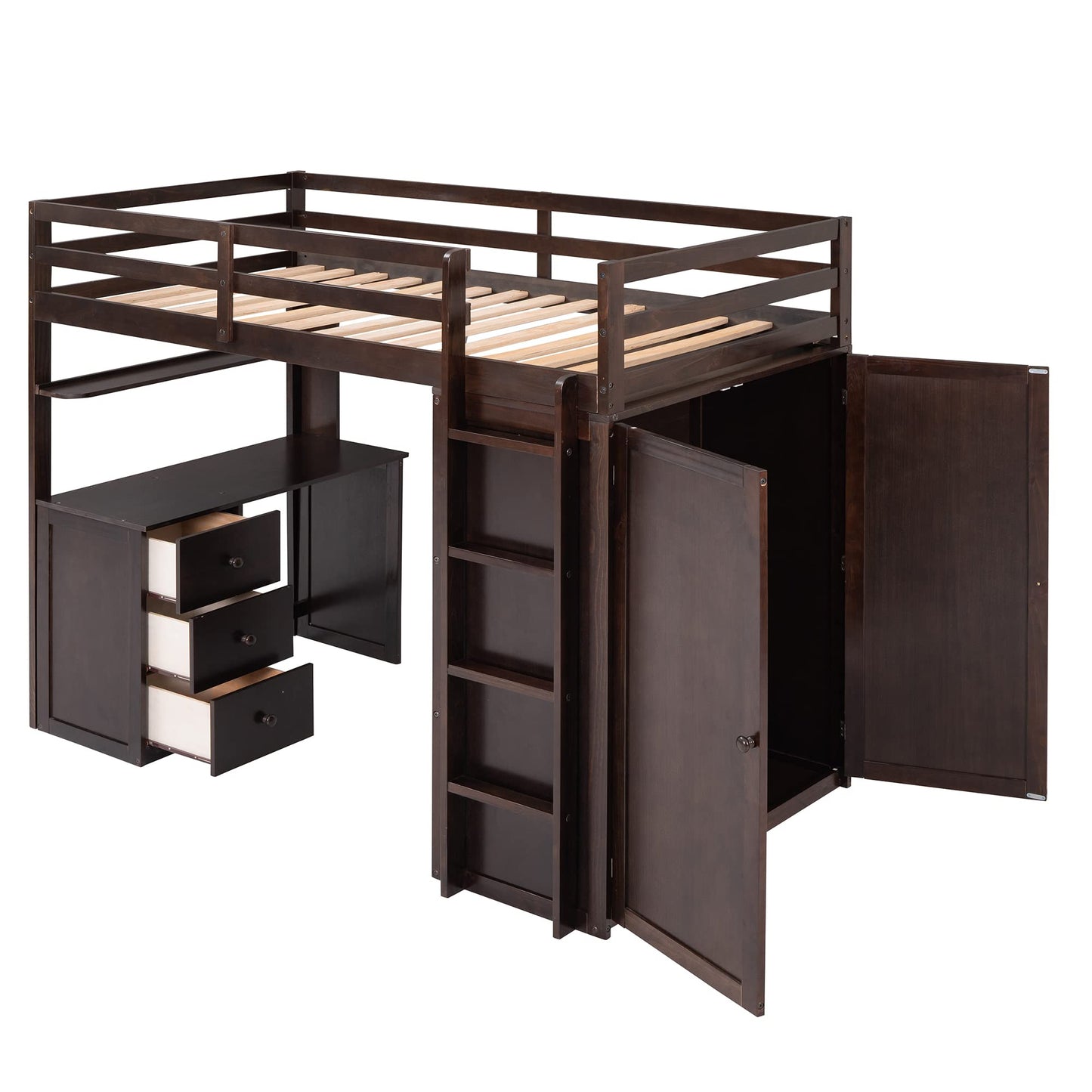 Harper & Bright Designs Twin Loft Bed with Desk and Wardrobe,Solid Wood Loft Bed Frame Twin with Storage Drawers for Kids Teens Adults,No Box Spring Needed,Espresso