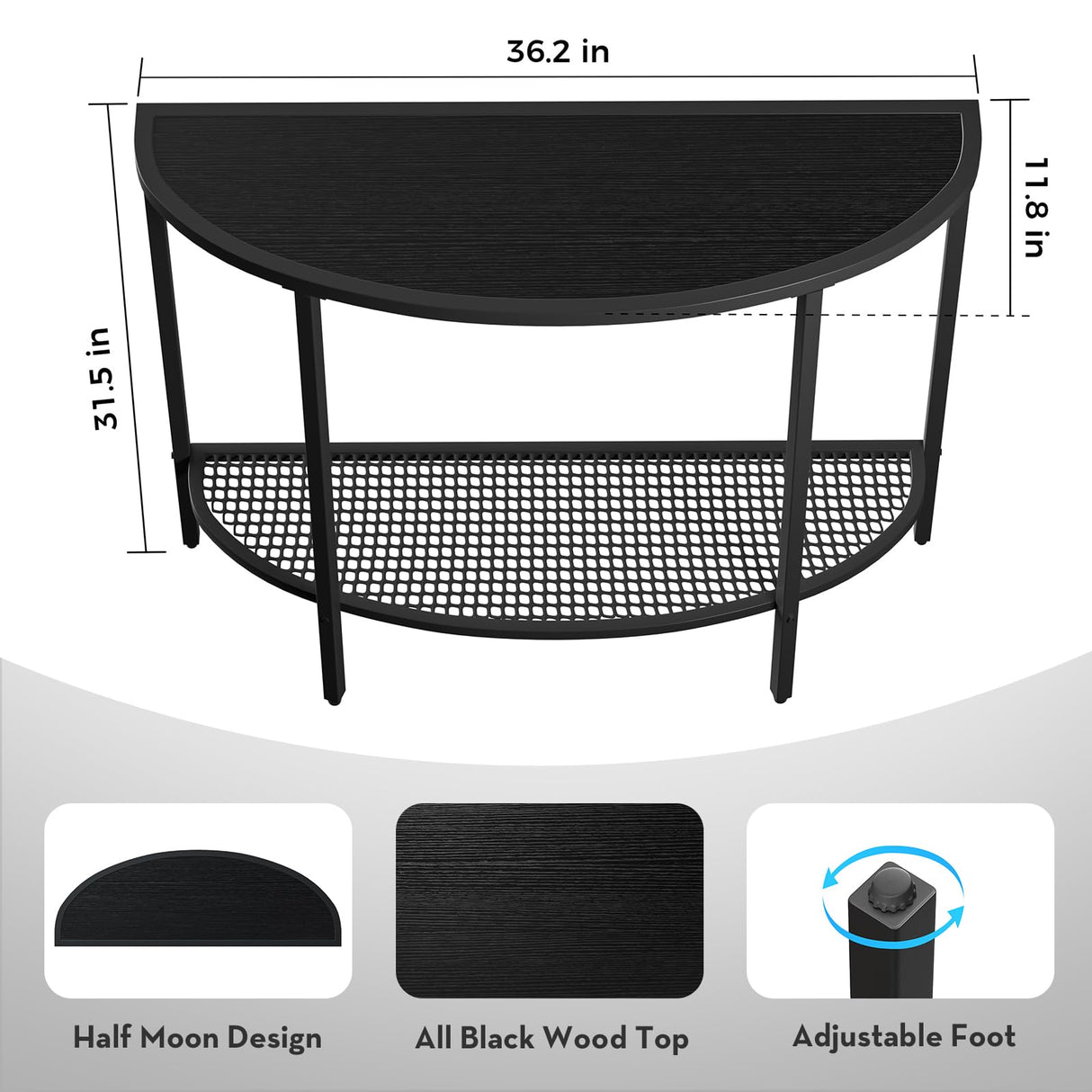 SAYGOER Black Half Moon Console Table 2 Tier Narrow Entryway Table with Storage Modern Couch Table Small Entry Way Tables, Easy Assembly, All Black SAYGOER
