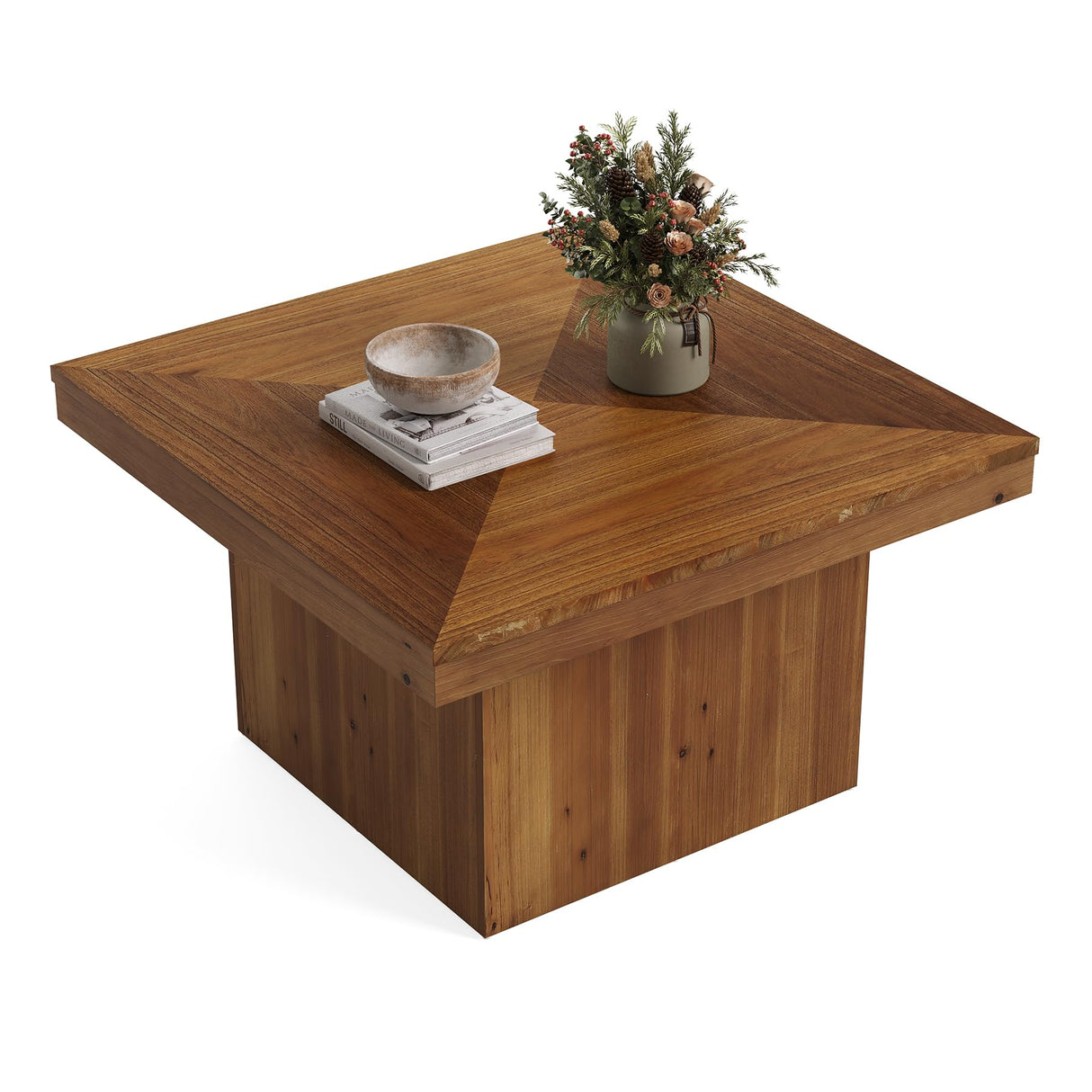 TRIBEWOOD Wood Coffee Table for Living Room, 35.43" Mid Century Modern Square Center Cocktail Table, Farmhouse Accent Tea Cocktail Furniture for Small Space, Office, Rustic Brown TRIBEWOOD