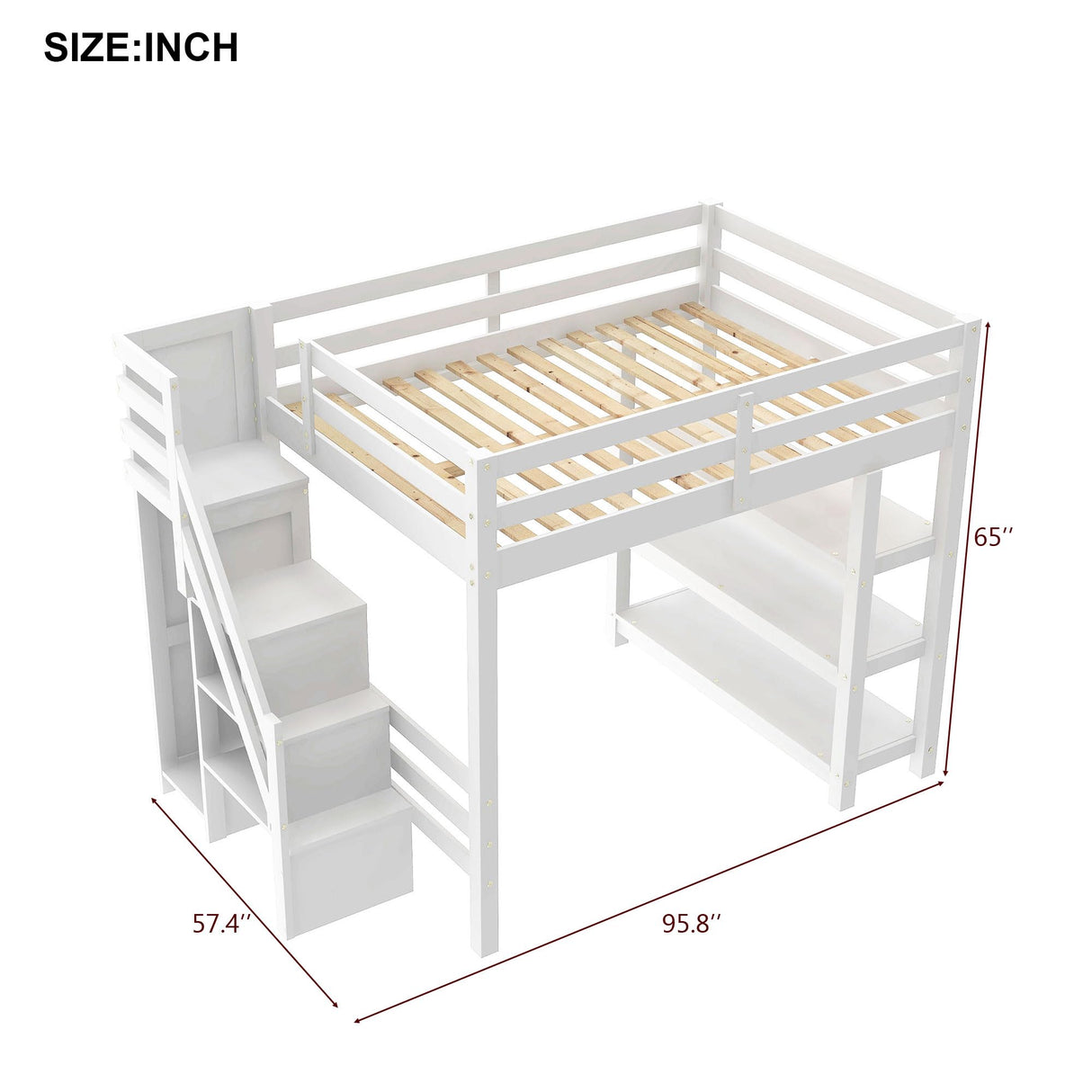 Bellemave Full Loft Bed with Stairs and Shelves, Wood Loft Bed with Bookcase and 3-Tier Shelves, Wardrobe, LED for Kids, Teens, Adults, White Bellemave