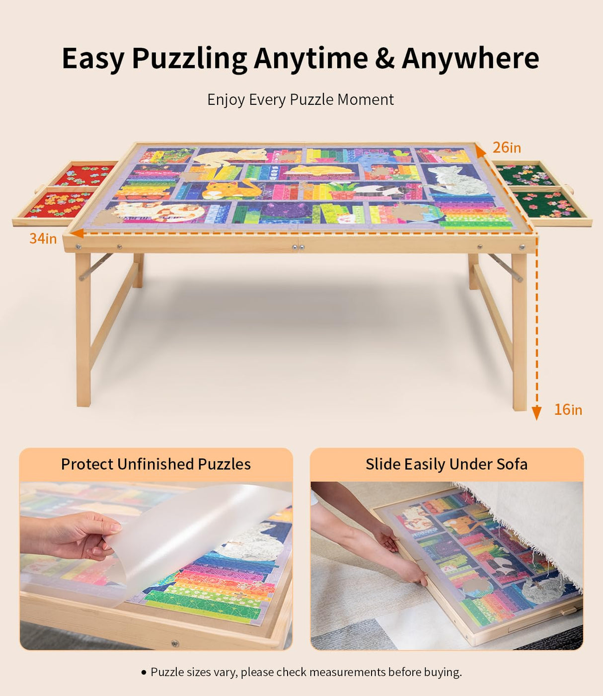 Foldable Puzzle Table with Legs, 34"x 26" Wooden Puzzle Board with Drawers & Covers, Portable Jigsaw Table for Adults, 1500 Pieces Folding Puzzle Board for Jisgaw Puzzle, Birthday Gifts for Mom JOIN&JOY