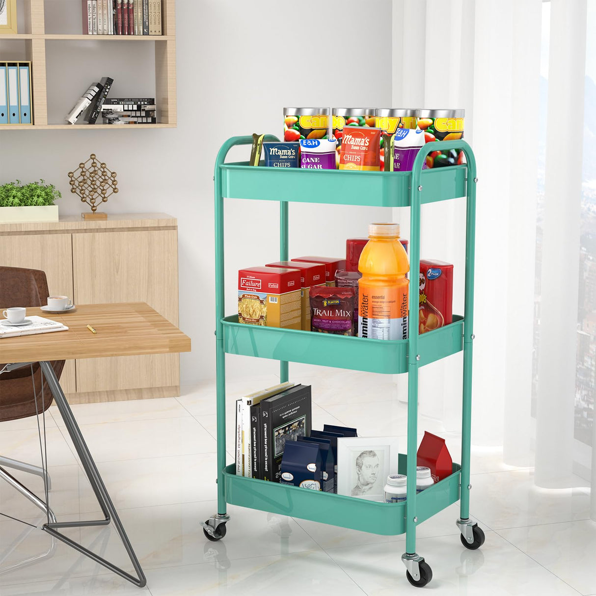 PNVXNUS 3-Tier Rolling Metal Storage Cart with Wheels, Multi-Functional Organizer for Office, Kitchen, Bathroom, Books Diapers - Easy Assembly (Blue) PNVXNUS