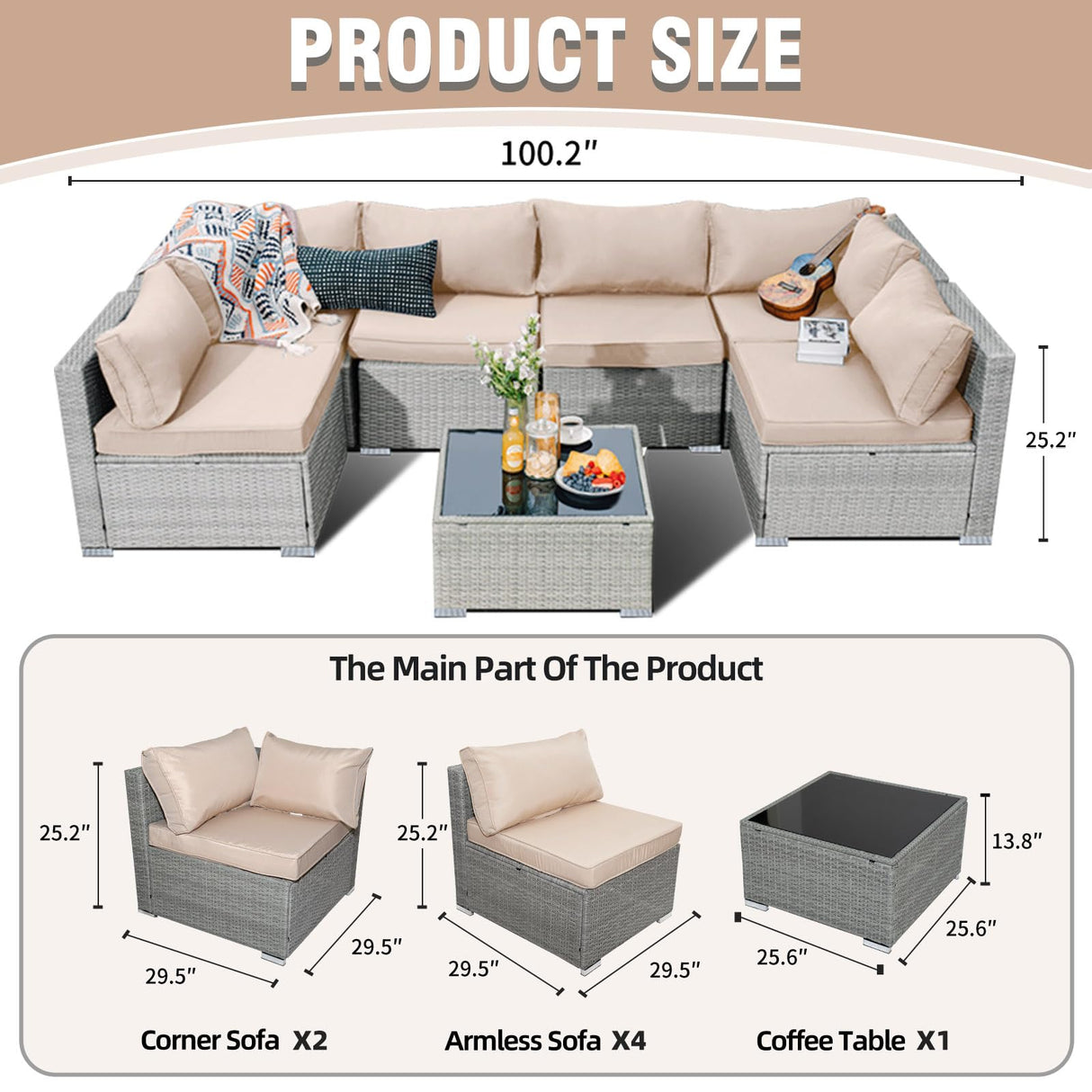 Skyfish 7 Pieces Patio Furniture Set - Outdoor Sectional Wicker Rattan Furniture with Cushion and Glass Table Patio Conversation Sets for Porch Poolside Backyard Outdoor Sofa Set Modular Sofa Skyfish