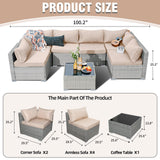 Skyfish 7 Pieces Patio Furniture Set - Outdoor Sectional Wicker Rattan Furniture with Cushion and Glass Table Patio Conversation Sets for Porch Poolside Backyard Outdoor Sofa Set Modular Sofa Skyfish