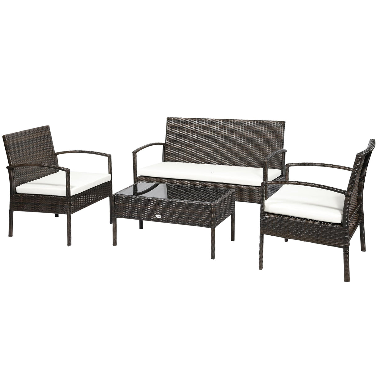 Outsunny Patio Furniture Set, 4 Piece Indoor Outdoor PE Wicker Conversation Set with Chairs, Loveseat Sofa, Cushions, Glass Table for Backyard, Sunroom, Pool, Garden, Brown Outsunny