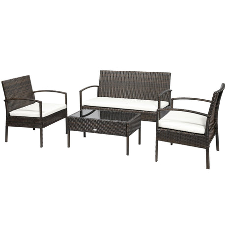 Outsunny Patio Furniture Set, 4 Piece Indoor Outdoor PE Wicker Conversation Set with Chairs, Loveseat Sofa, Cushions, Glass Table for Backyard, Sunroom, Pool, Garden, Brown Outsunny