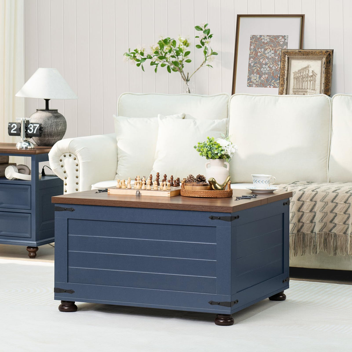 Joaxswe Farmhouse Coffee Table with Hidden Storage, 59 Gallon Square Center Table for Living Room, Rustic Wood Cocktail Tables with Flip-Top Lids, Farm House Tables with Wooden Gourd Feet, Navy Blue Joaxswe