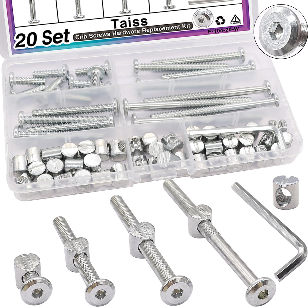Taiss 20 Set Crib Screws M6x20mm/40mm/60mm/80mm Baby Bed Crib Screws Hardware Replacement Kit,Bunk Bed Bolts Hex Socket Cap Screws Bolt with Barrel Nuts/Wrenches for Beds Furniture Headboards Taiss