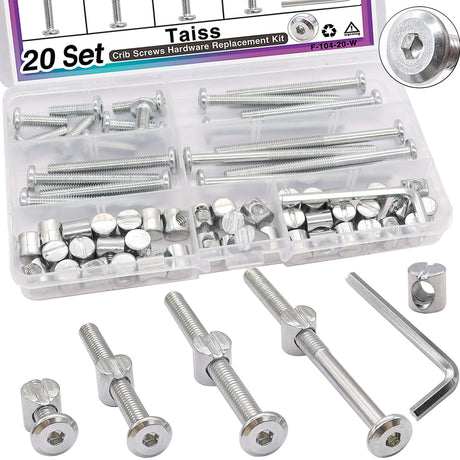 Taiss 20 Set Crib Screws M6x20mm/40mm/60mm/80mm Baby Bed Crib Screws Hardware Replacement Kit,Bunk Bed Bolts Hex Socket Cap Screws Bolt with Barrel Nuts/Wrenches for Beds Furniture Headboards Taiss