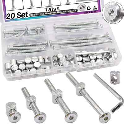 Taiss 20 Set Crib Screws M6x20mm/40mm/60mm/80mm Baby Bed Crib Screws Hardware Replacement Kit,Bunk Bed Bolts Hex Socket Cap Screws Bolt with Barrel Nuts/Wrenches for Beds Furniture Headboards