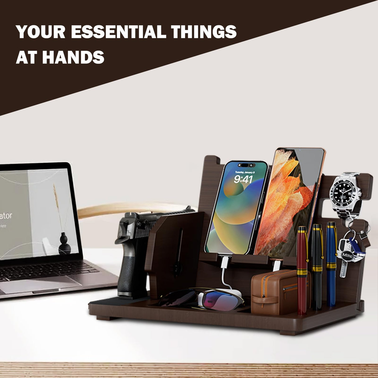 LMDGDS Wood Gun Rack Phone Docking Station, Nightstand Charging Organizer with Pistol Rack for Gun Safe, Key Holder Watch Wallet Stand Birthday Gift for Him Men Husband Dad Boyfriend LMDGDS