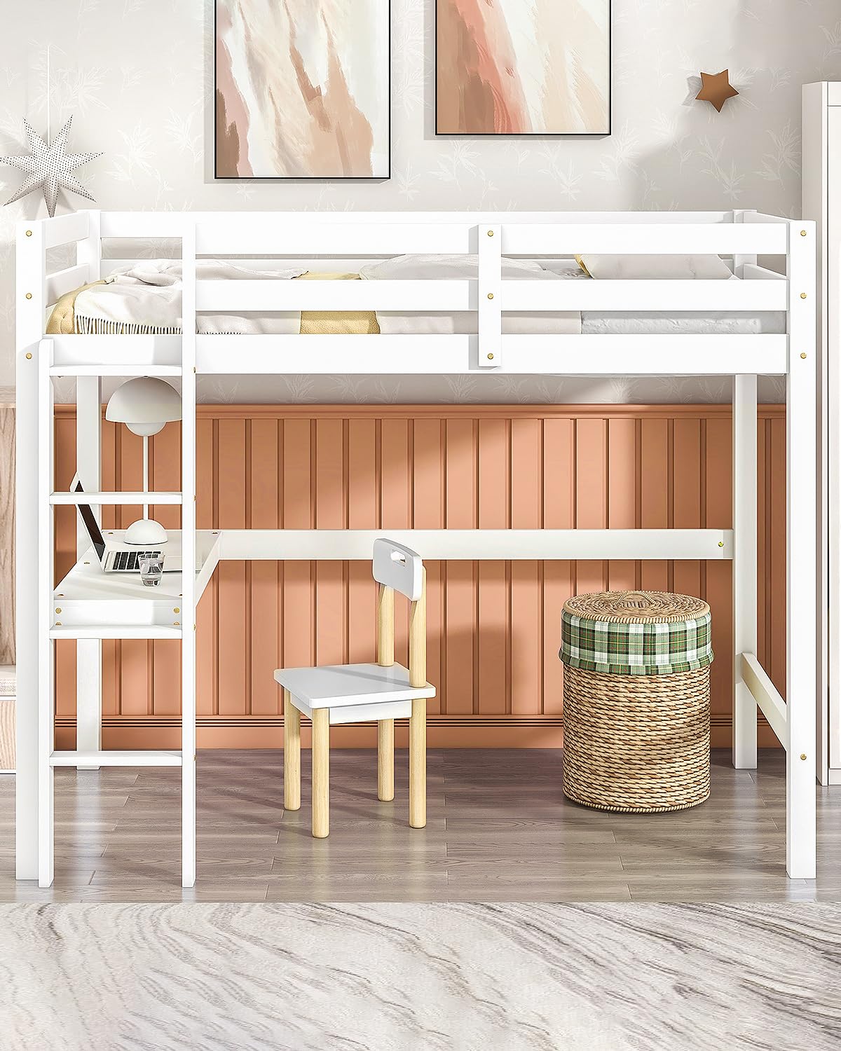 LifeSky Twin Size Junior Loft Bed with Built-in Desk - Space-Saving Wood Frame in White - WoodArtSupply