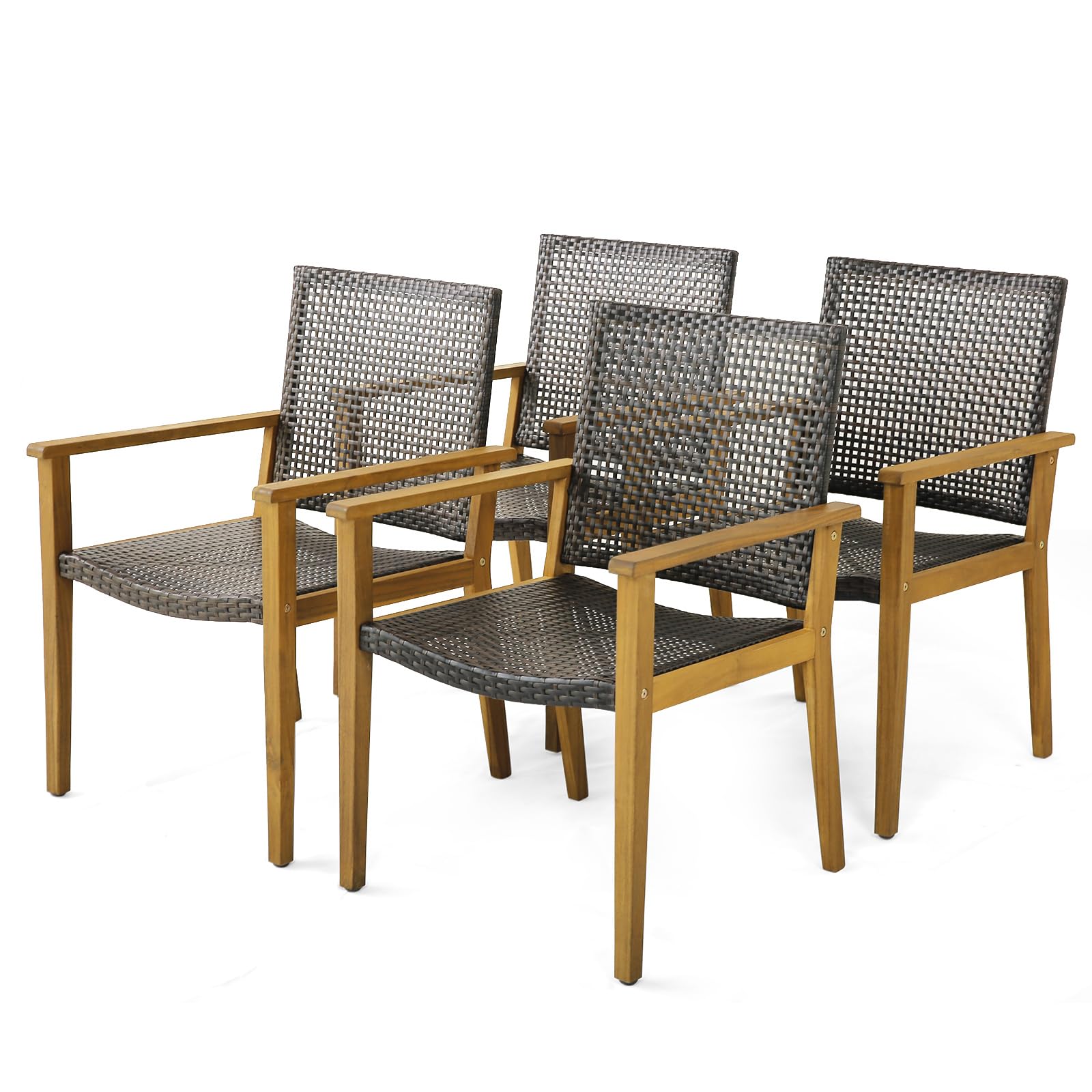 Tangkula Patio Dining Chairs Set of 4, Outdoor Acacia Wood & PE Wicker Chairs with Armrests, Outdoor Rattan Armchairs for Garden, Backyard, Poolside, Balcony (Mix Brown) - WoodArtSupply