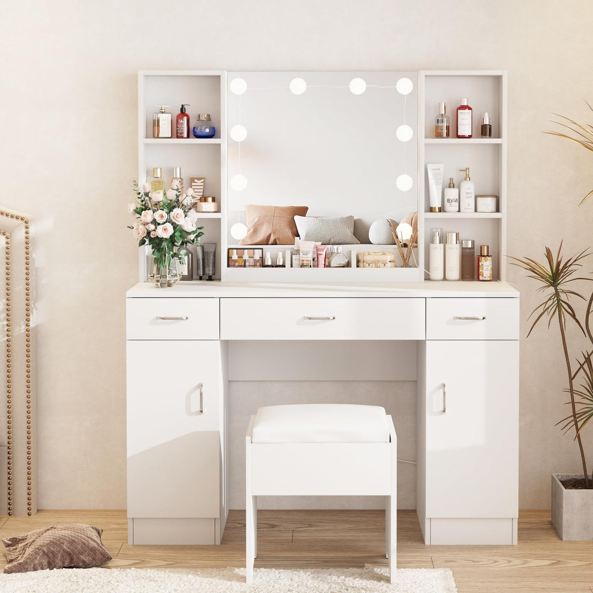 Vabches Vanity with Lighted Mirror, Large Vanity Desk Makeup Vanity Table Set with Comfortable Bench and Side Cabinets, Lots Storage, 45.2inch, White Vabches