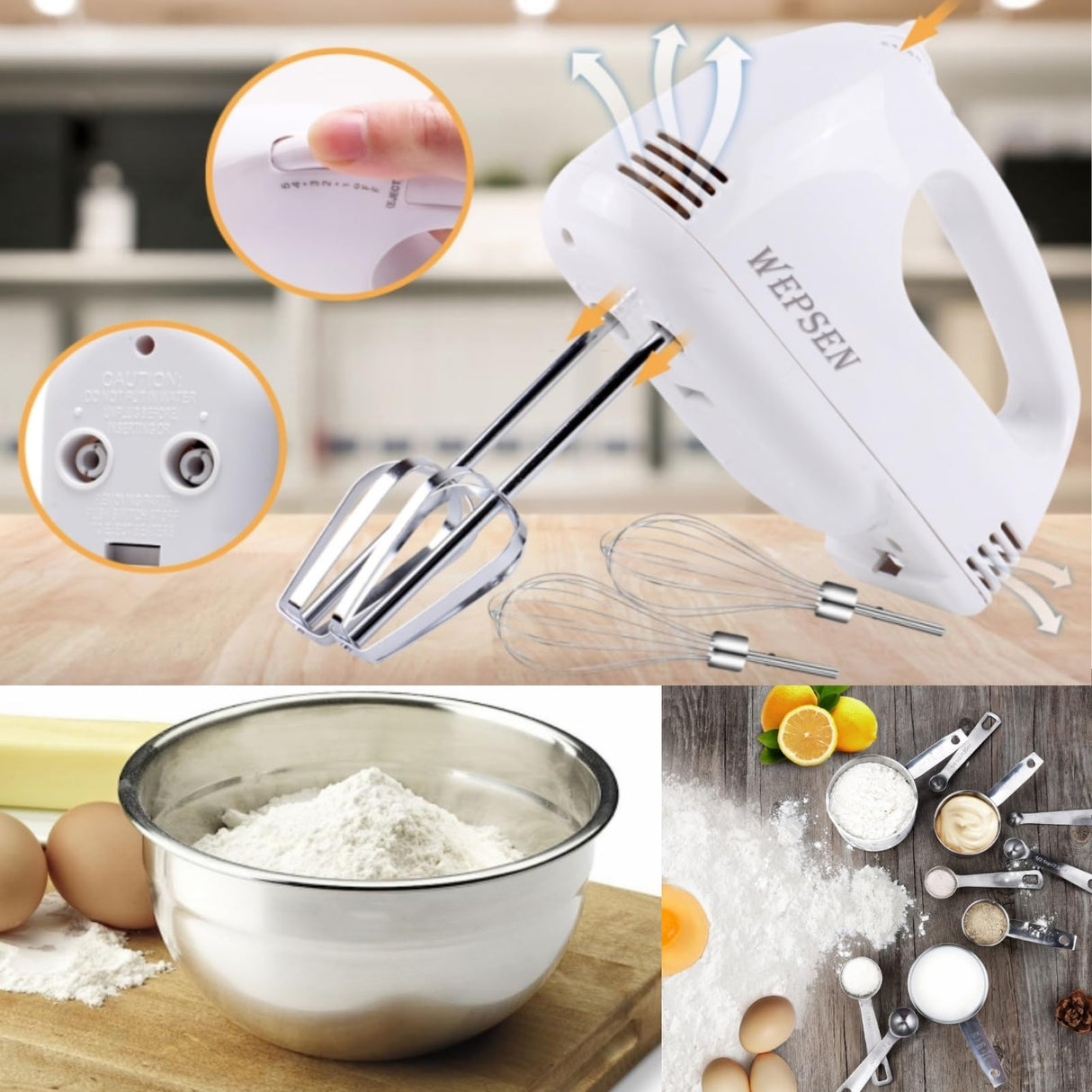 WEPSEN 5-Speed Electric Hand Mixer, 4 Large Mixing Bowls Set, Handheld Mixers with Whisks Beater, Stainless Steel Metal Nesting Bowl Measuring Cups Spoons Kitchen Cake Blender for Baking Supplies WEPSEN