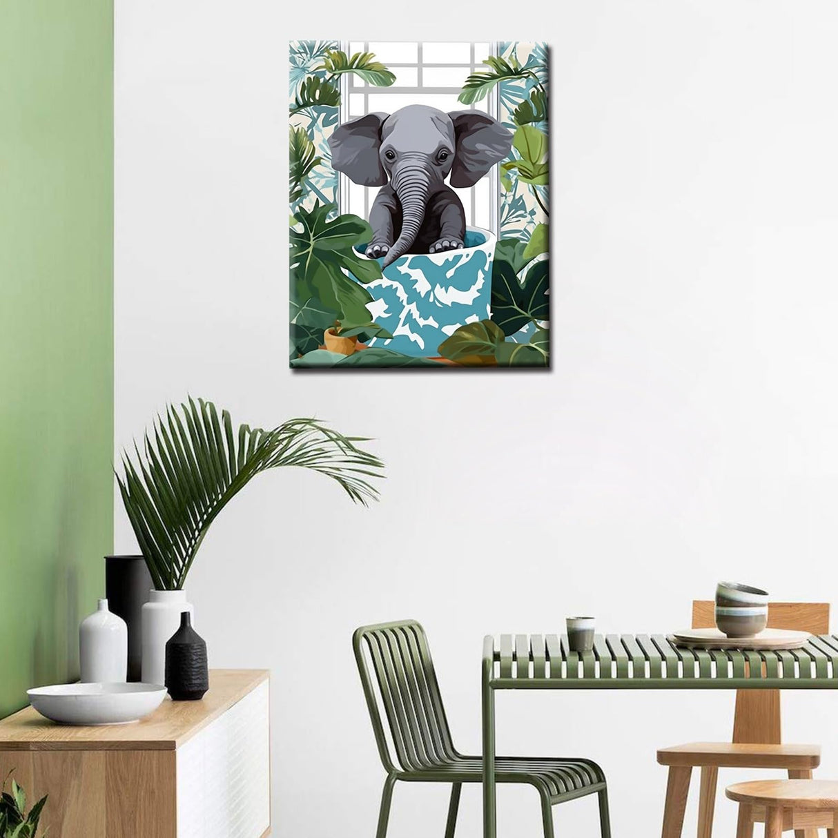 Funny Bathroom Paint By Bumbers for Adults Elephant in Bathtub DIY Paint by Numbers Acrylic Paint Canvas Room Decor Green Leaves Painting Kits Cute Elephant Bathroom Art 16x20 Inch（without Frame ） Tucocoo