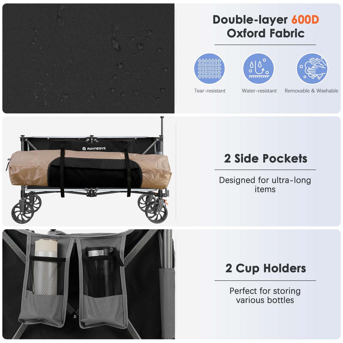 Raynesys Collapsible Wagon Cart with Wheels Foldable, 440lbs 300L Heavy Duty Folding Wagon, Foldable Wagon for Sports Beach Grocery Camping, Upgraded Effortless Elegance, Black & Gray - WoodArtSupply