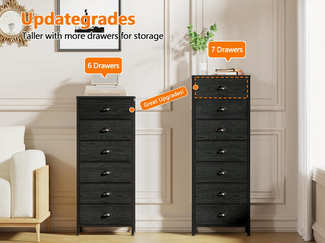 Furnulem Bedroom Dresser, Tall Dressers & Chests of Drawers with 7 Fabric Bins, Black Dresser Organizer in Closet,Dorm,Living Room,Nursery,Hallyway-Storage Tower Unit Sturdy Steel Frame, Black Oak Furnulem