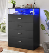 AOGLLATI Dresser for Bedroom with Column Design, 4 Drawer Dresser with Charging Station, Modern Bedroom Led Tall Black Dresser for Bedroom Closet AOGLLATI