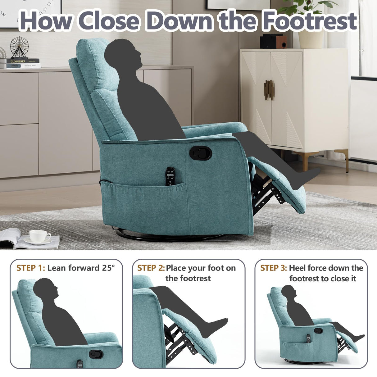 Massage Chair Recliner with Heat, Swivel Rocking Chair Recliner with High Back, Manual Nursery Recliners for Adults,Small Recliner Chair for Small Spaces, Living Room Bedroom, Fabric (Blue Green) Thctvous