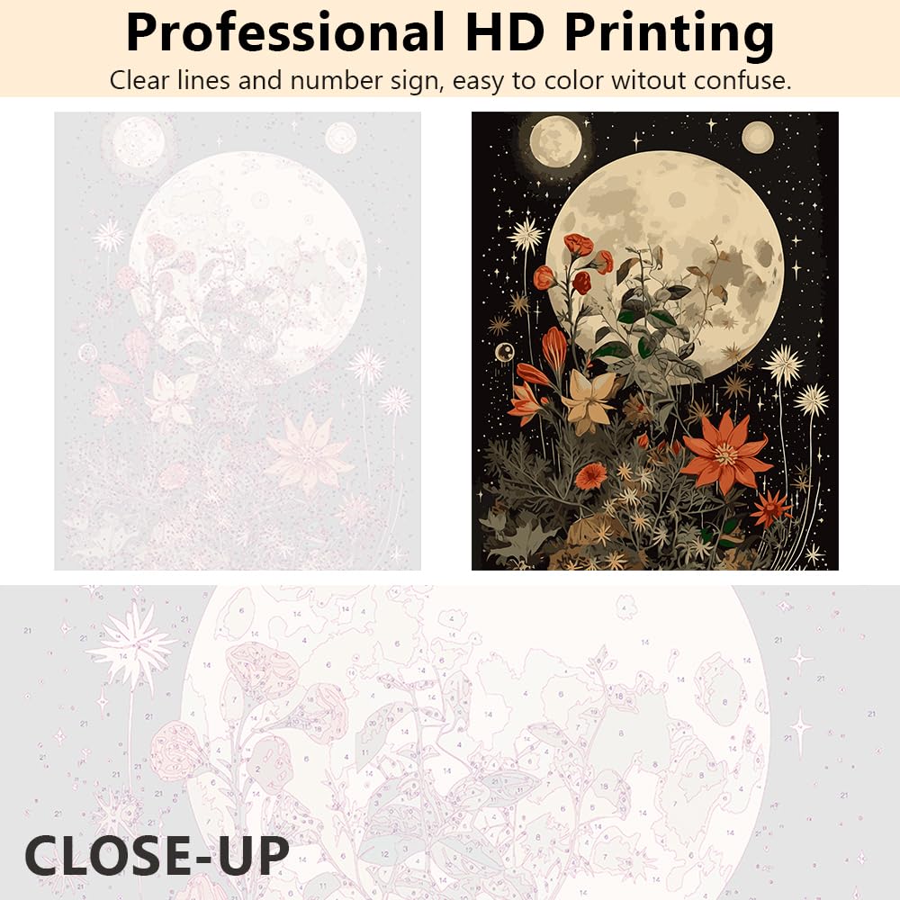 Paint by Number Flower Moon Adult Paint by Number Black Background Paint by Numbers Beginner Easy Painting by Number Retro Style Paint by Number to Family Friend Gift for Living Room Decor 16x20 in Generic